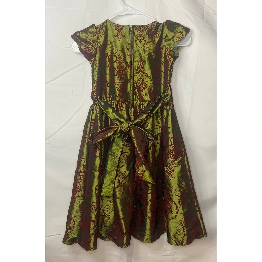 Swea Pea & Lilli Girls Green Burgundy‎ Damask Velvet Holiday Dress C812 Size 7